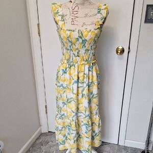 Pink & Violet Lemon Print Midi Dress SZ M